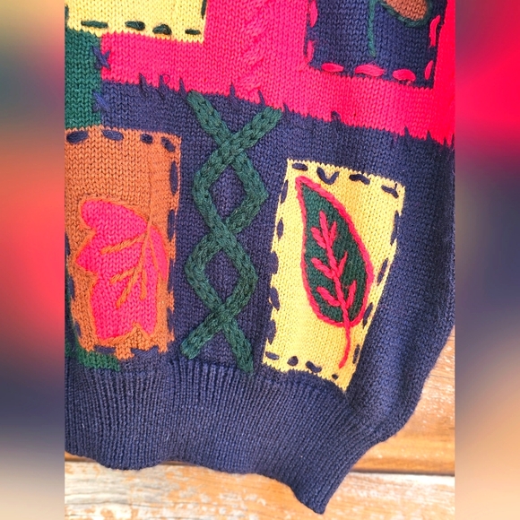 Vintage Alfred Dunner Blue Red Green Patchwork Longsleeve Fall Sweater Leaves - Picture 8 of 10